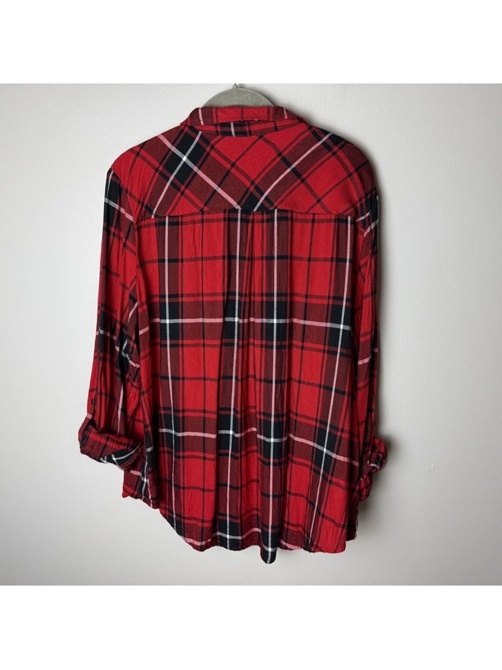 Cato Est. 1946 Shirt Size XL Top 3/4 Roll-Tab Sleeves Plaid Red Black White - Picture 4 of 6